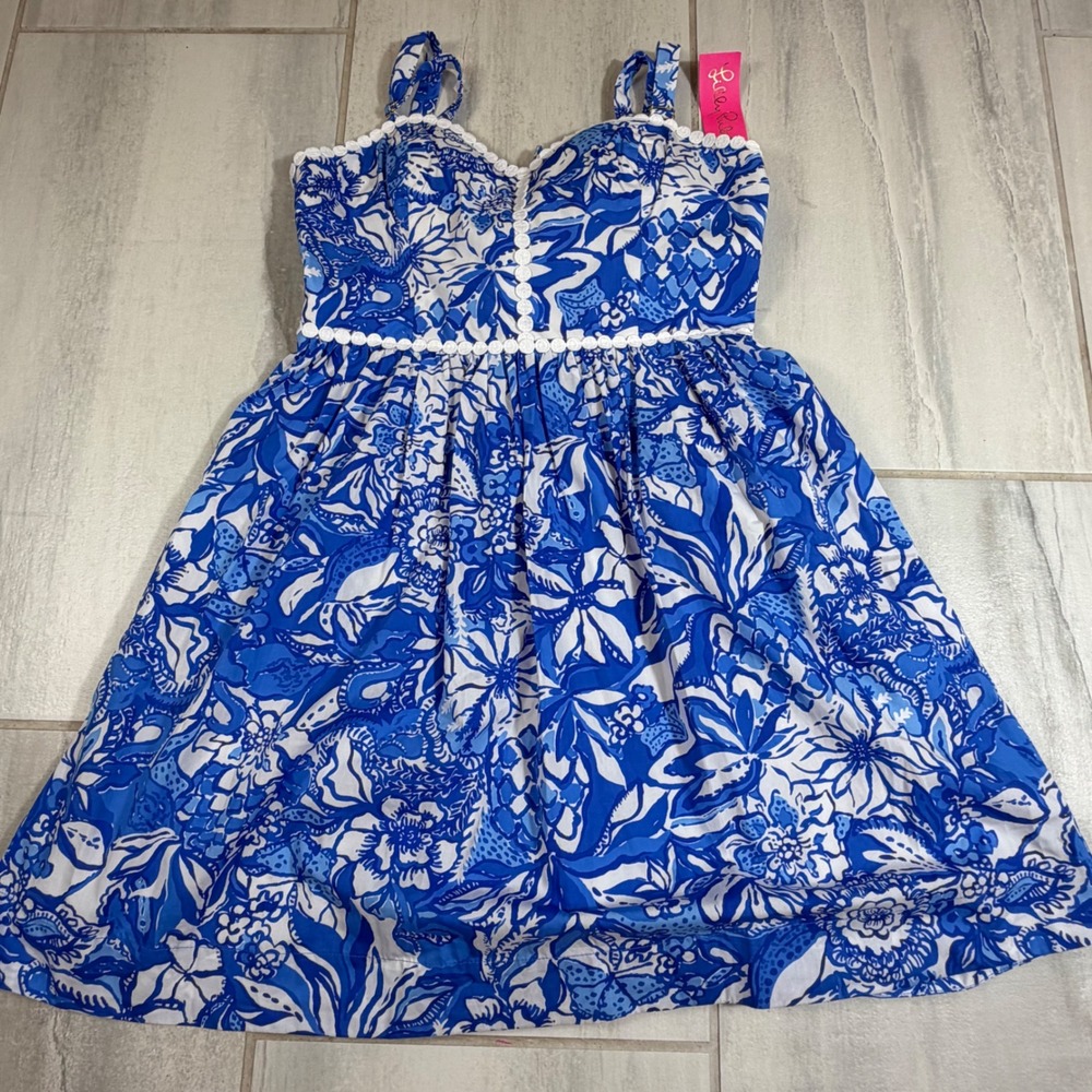 Lilly Pulitzer Haylan Cotton Dress Blue Tang Fabulous Pom Pom Trim Size 4 NEW